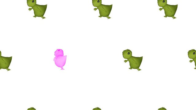 Dancing dinosaurs, green and pink monsters. 3d animation, 3d render. Seamless pattern.