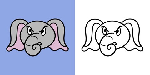 Horizontal illustration for coloring book, Angry little elephant, elephant emotions, vector in cartoon style