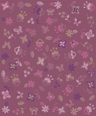 Print with brown background with colorful flowers and butterflies