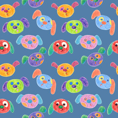 Seamless pattern of multicolored faces of Dogs drawn with wax crayons on Steel Blue background. For fabric, sketchbook, wallpaper, wrapping paper.