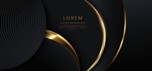 Abstact 3d luxury black curve with border golden curve lines elegant and lighting effect on black background.