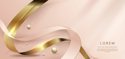 Abstract 3d gold curved ribbon on rose gold background with lighting effect and sparkle with copy space for text. Luxury design style.