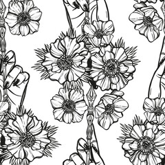 Vector illustration. Fountain pen hand, write in ink, white anemones flowers. handmade, light  background, seamless pattern