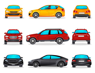 Obraz premium Cars isolated set on white background. Colorful modern collection hatchback. Automobile view side, front, back. Realistic vehicle design. New model toy mini machine icons. Flat vector illustration.