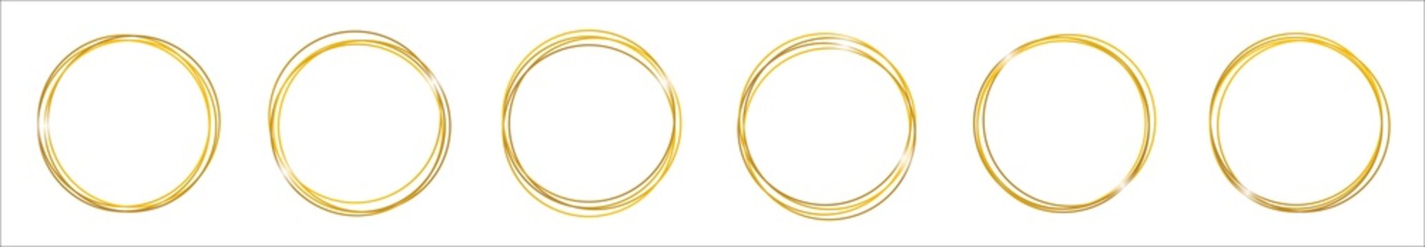 Golden frames. Gold round circle frames, rings. Golden borders design on transparent background. Circular luxury abstract lines with glitter light for christmas. Vector. Logo with metal effect