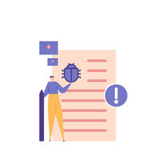 report bugs, send report letters, customer complaints. a user reports a problem or bug in the system or software to customer service or the developer. flat cartoon illustration. concept design