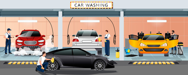 Car wash service station. City carwash. Washer in uniform wiping black automobile with cloth. Workers washing cars. Professional detailing and cleaning in auto spa. Garage building vector illustration
