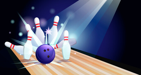 Bowling strike poster. Violet ball hit the pins on bowling alley line. Template for banner of sport competition or tournament. Rays of light on skittles. Flyer, logo bowling club. Vector illustration - obrazy, fototapety, plakaty