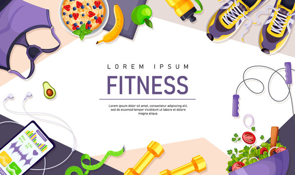 Fitness gym accessories top view. Equipment sport woman background. App smartphone, yellow dumbbell, healthy food. Female motivation. Workout elements violet flat design flyer. Vector illustration 