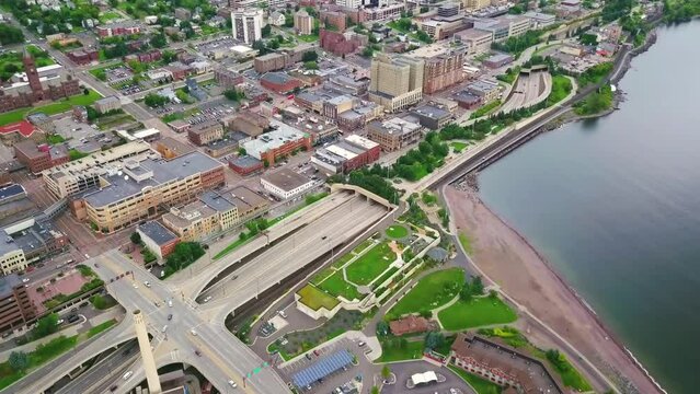 Aerial flight over Duluth, Minnesota, Downtown, Drone View, Lake Superior