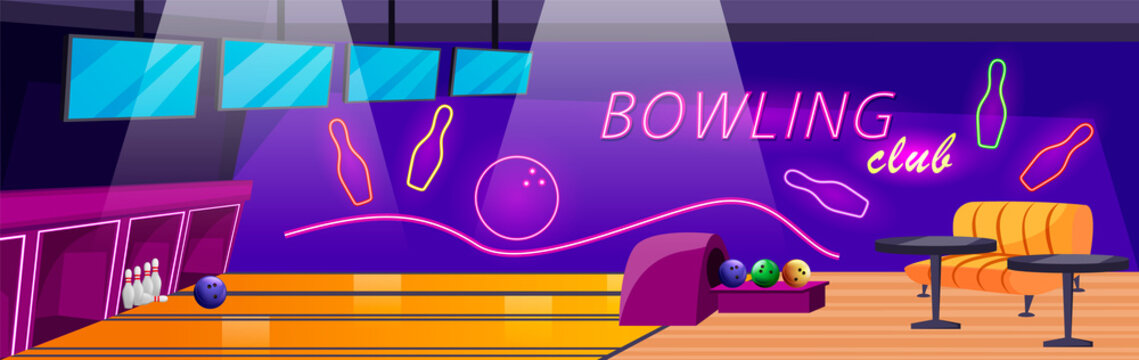Bowling club empty interior. Neon lights on wall. Alley, Lanes with ball, pins and scoreboard screens. Place for entertainment, leisure and recreation. Sport tournaments or hobby. Vector illustration
