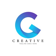 Initial G letter logo. White and Blue Circle Shape Origami Style isolated on Blue Background.