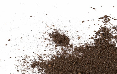 Pile of soil isolated on white background, top view
