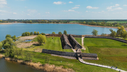 View from the drone on the Biskupin settlement. Sunny spring day.

