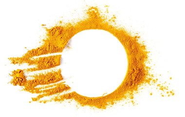Turmeric (Curcuma) powder pile, round frame and border isolated on white, top view