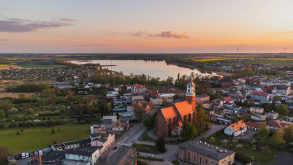 Sunset over the lake and the town of Żnin, Poland.