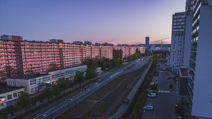 The view from the drone on the longest building in Poland, the so-called "Falowiec". Gdańsk Przymorze. The sunset.