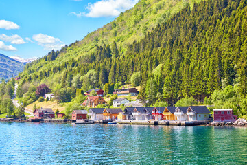 Sognefjord landscape with tradional colorful wooden houses, Norway