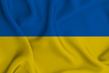 Close-up of Ukrainian flag woven on custom made different type of fabric and the flag's blue and yellow colors.