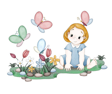 A cute little cartoon girl in a light summer blue dress sits on the grass. There are beautiful flowers and butterflies near to her. Digital illustration in the style of colored pencils and watercolor 