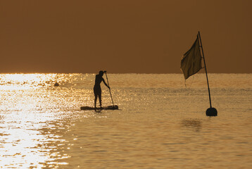 Silhouette of a girl floating on a sup board against the background of sunrise