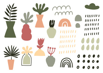 Boho set with abstract simple shapes, tropical leaves and decorative elements. Can be used in textile industry, paper, background, scrapbooking.Vector.