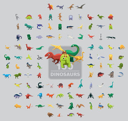 One Hundred Dinosaurs Cartoon Vector Illustration Set © bullet_chained