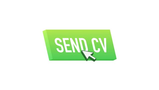 Send cv button in 3d style on blue background. Flat button on white background 4k