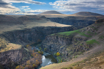 Ani site of historical cities (Ani Harabeleri): first entry into Anatolia, an important trade route Silk Road in the Middle Agesand. Historical Church and temple at sunset in Ani, Kars, Turkey.