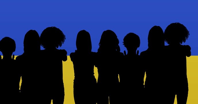 People in silhouette form representing the people of Ukraine in front of a Ukrainian flag patterned background illustration.