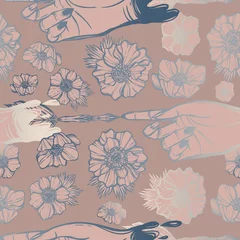 Deurstickers Vector illustration. Fountain pen hand, write in ink, white anemones flowers. Handmade, dark background, seamless pattern © HikaruD88