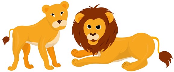 Lion and lioness on a white background. - obrazy, fototapety, plakaty