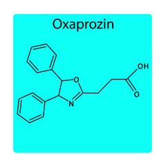 Oxaprozin molecular structure, flat skeletal chemical formula. NSAID drug used to treat osteoarthritis, rheumatoid arthritis, arthritis. blue background Vector illustration.