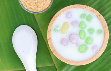 Thai dessert with colorful flour, milk and egg, rainbow tapioca Famous Thai dessert, Bualoy