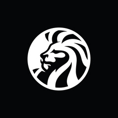 Lion head in a circle emblem logo design. Lion head vector illustration on dark background