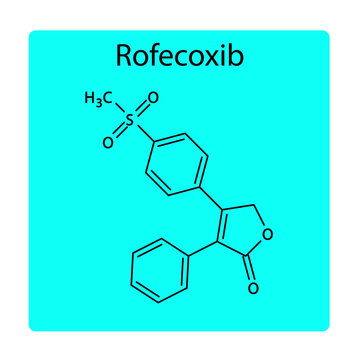 Rofecoxib molecular structure, flat skeletal chemical formula. NSAID drug used to treat pain, acute pain, migraine. blue background Vector illustration.
