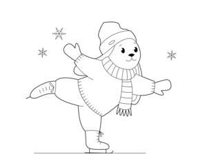 Cute bunny in winter clothes is skating. Design element or a page of children's coloring book