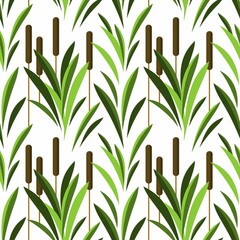 Seamless pattern with reeds and other lake vegetation. Reeds on high stems in green grass. Illustration in flat graphic style.