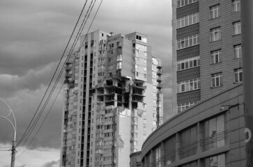 The air conditioner pulled an Ukrainian anti-aircraft missile in Kiev at February 25, 2022. The consequences of the explosion are visible in residential building. Ukraine