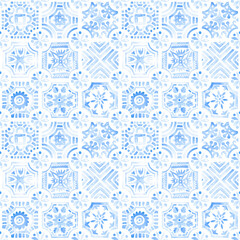 Seamless moroccan pattern. Square vintage tile. Blue and white watercolor ornament painted with paint on paper. Handmade. Print for textiles. Set grunge texture. - 510249148