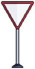 Pixel art triangular road sign vector icon for 8bit game on white background
