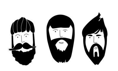 Vector set. Illustration of trendy, modern bearded men, hipsters with different haircuts and beards. Silhouettes, emblems, badges, labels. Vector illustration in doodle style.