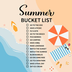 Summer bucket list. Funny things to do checklist. Seasonal activity planner page.  Vacations wish list. Easy to edit vector template © Vera