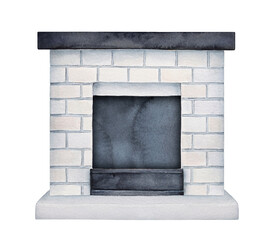 Water color illustration of light grey brick fireplace without fire. Hand drawn watercolour graphic painting on white background, isolated clipart element for design decoration, banner, template.
