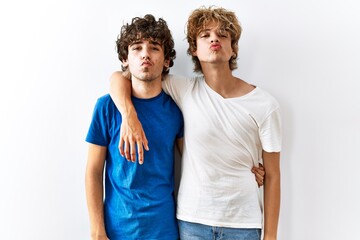 Fototapeta premium Young gay couple standing together over isolated background looking at the camera blowing a kiss on air being lovely and sexy. love expression.