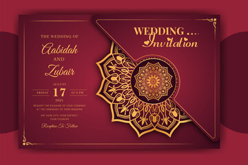 Luxury Mandala Wedding Invitation Card template with golden arabesque pattern Arabic Islamic east background style. Editable vector file. Decorative mandala for print, poster, cover, flyer, banner.