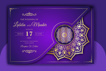 Luxury Mandala Wedding Invitation Card template with golden arabesque pattern Arabic Islamic east background style. Editable vector file. Decorative mandala for print, poster, cover, flyer, banner.