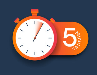 Stopwatch icon 5 minutes. Timer for setting deadlines, managing time and building efficient workflow. Applications and programs for hardworking employees, motivation. Cartoon flat vector illustration