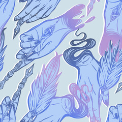 Obraz premium Vector illustration. Fountain pen hand, write in ink. Stickers, light blue background, seamless pattern, handmade