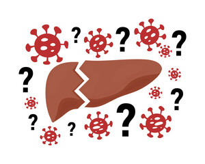 Mysterious Acute Hepatitis of Unknown Cause concept. Vector illustration of damaged liver with bacteria icons and question marks isolated on white background. Liver disease